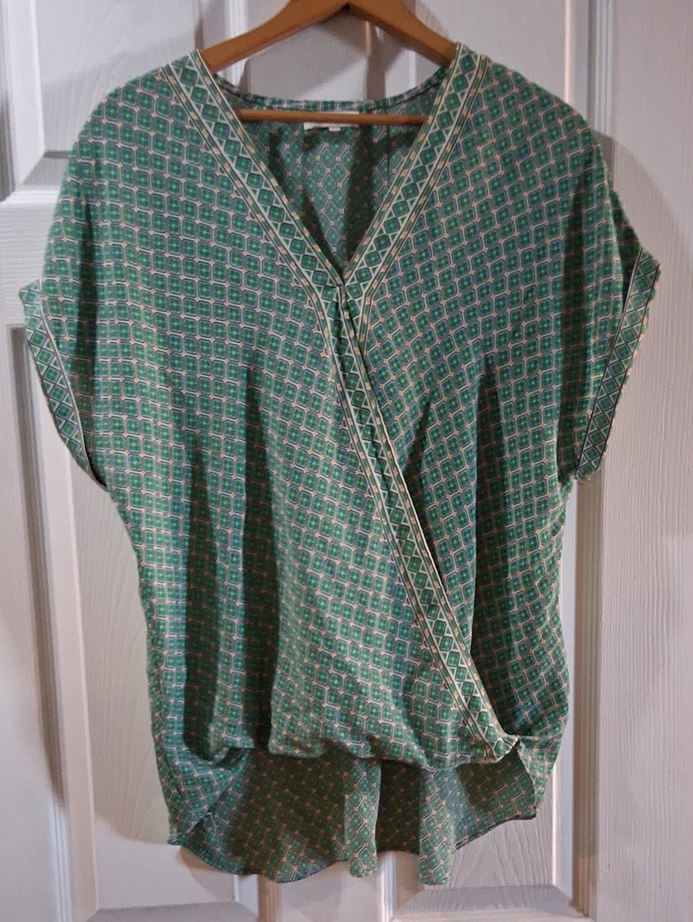 Max Studio Green Geo-Print V-Neck Wrap Blouse